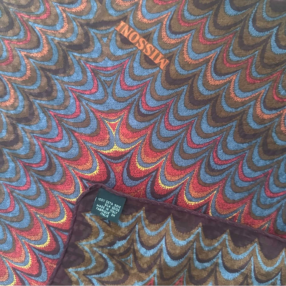 Vintage Missoni Marbled Silk Scarf in Red, Rust, Blue, Brown, Cream 33.5" Square - Picture 4 of 8